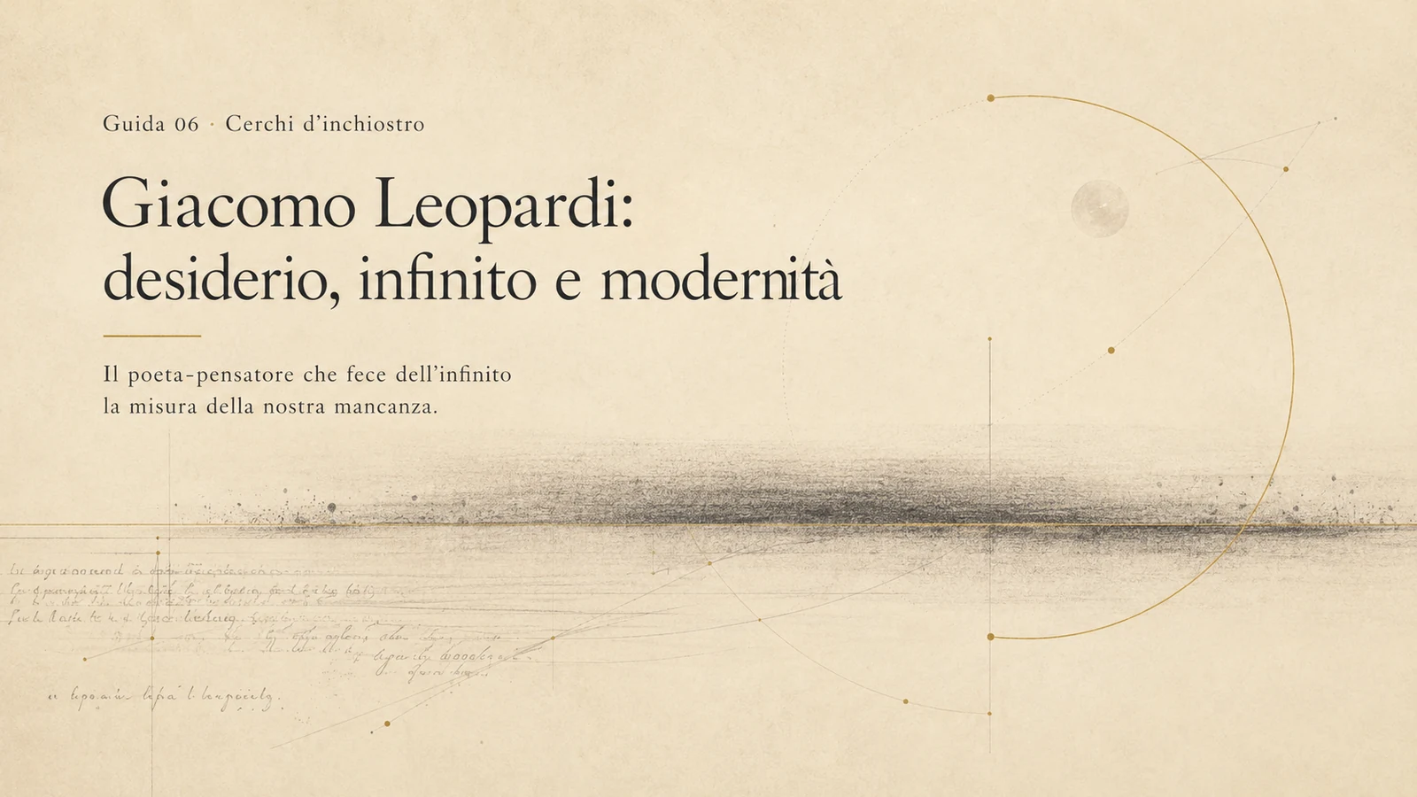 Copertina editoriale della guida Cerchi d’inchiostro dedicata a Giacomo Leopardi, desiderio, infinito e modernità.