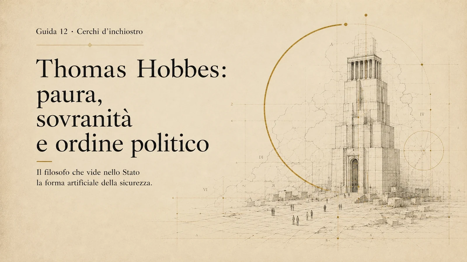 Cover editoriale della guida su Thomas Hobbes: paura, sovranità e ordine politico.