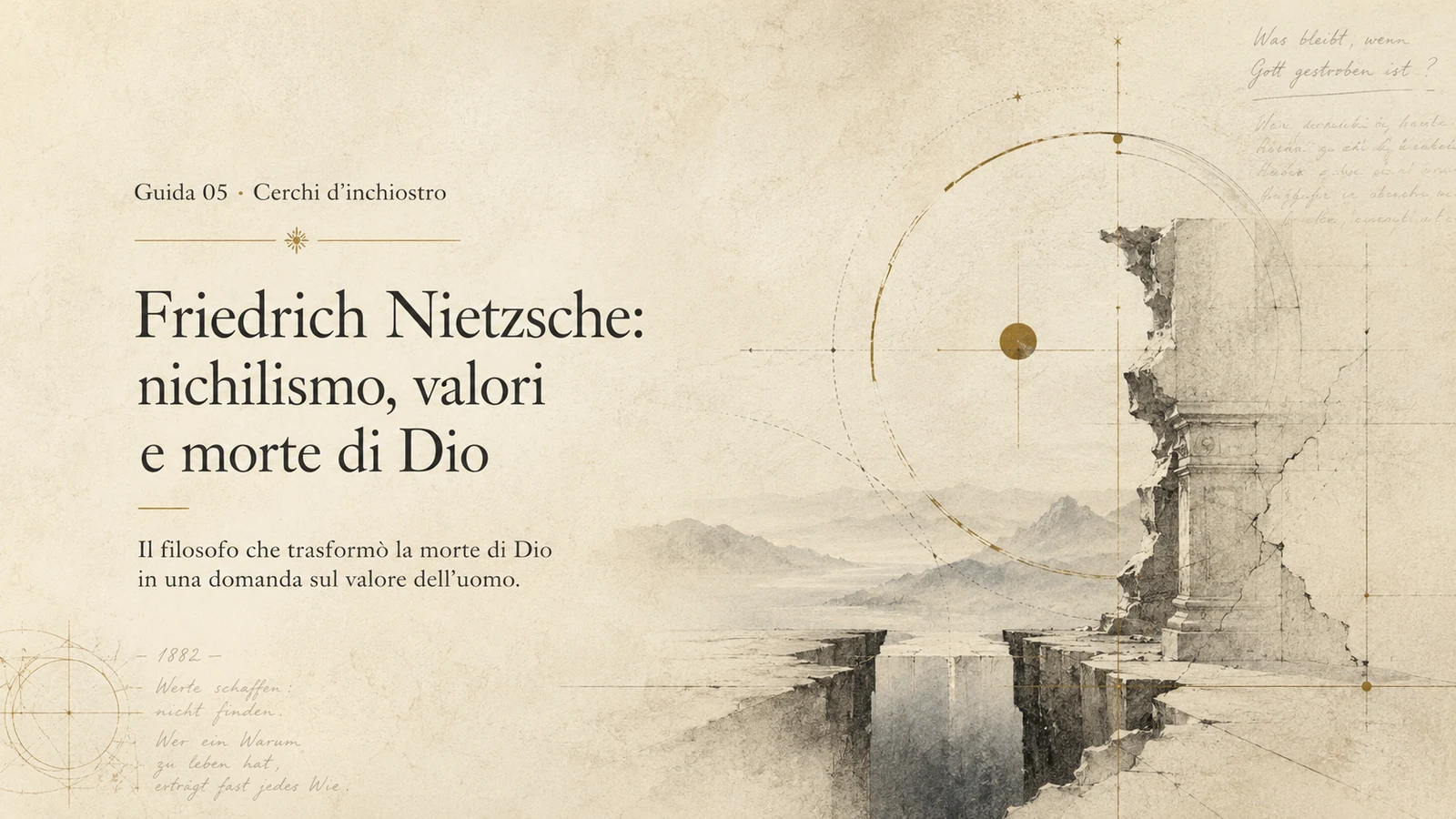 Cover editoriale della guida Cerchi d’inchiostro dedicata a Friedrich Nietzsche, nichilismo, valori e morte di Dio